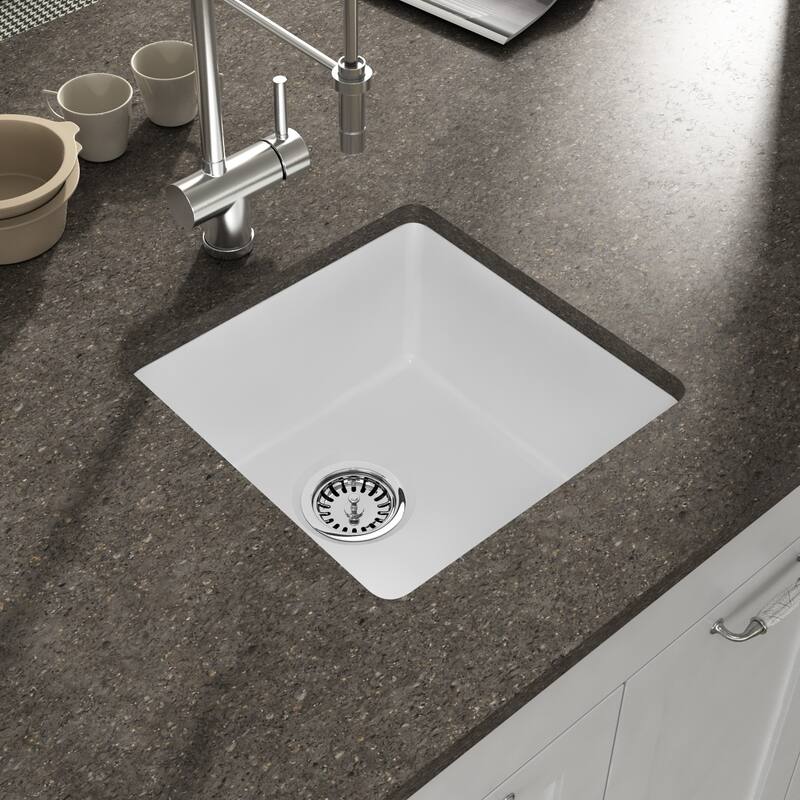 Yorkshire Bar Undermount Fireclay 17 in. Square Kitchen Sink with Grid and Srainer in White