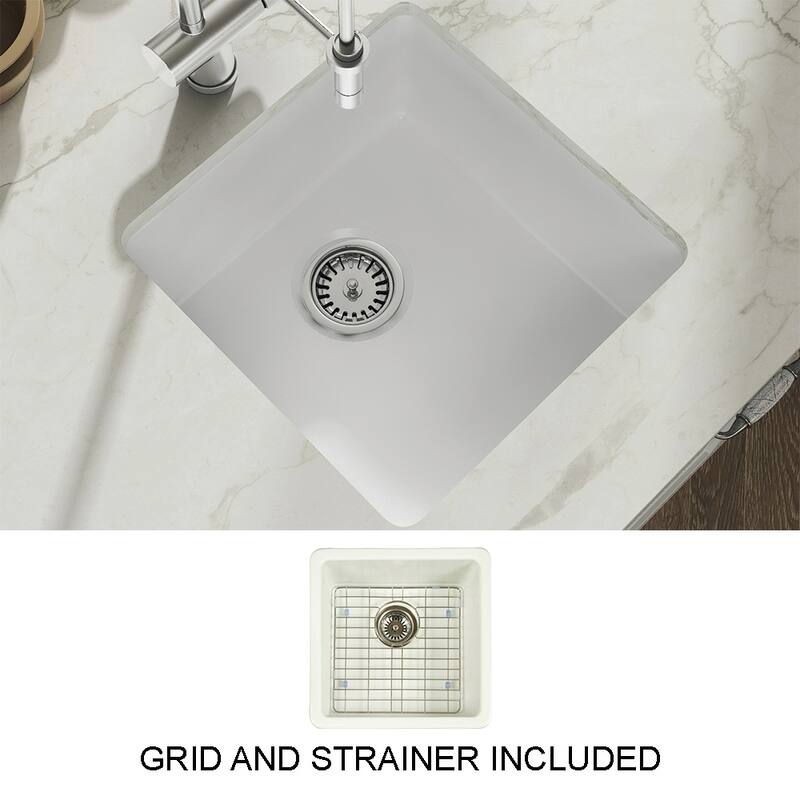 Yorkshire Bar Undermount Fireclay 17 in. Square Kitchen Sink with Grid and Srainer in White