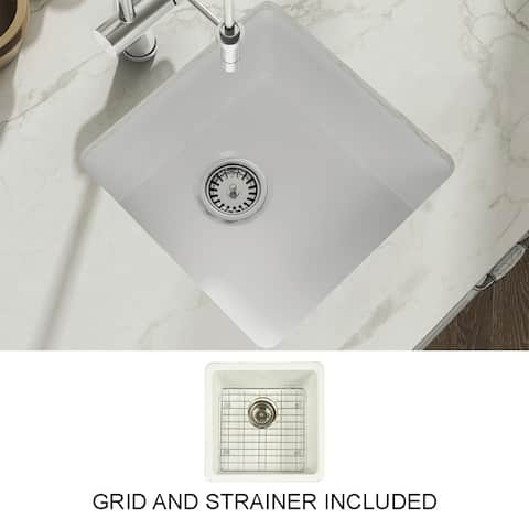Yorkshire Bar Undermount Fireclay 17 in. Square Kitchen Sink with Grid and Srainer in White