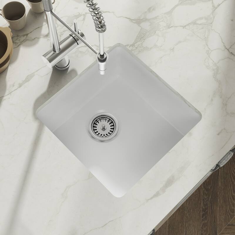 Yorkshire Bar Undermount Fireclay 17 in. Square Kitchen Sink with Grid and Srainer in White