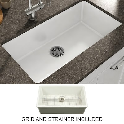 Yorkshire Undermount Fireclay 31.5" x 18.3" Single Bowl Kitchen Sink with Grid and Strainer in White