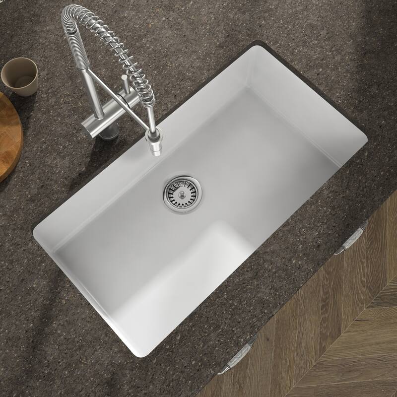 Yorkshire Undermount Fireclay 31.5" x 18.3" Single Bowl Kitchen Sink with Grid and Strainer in White