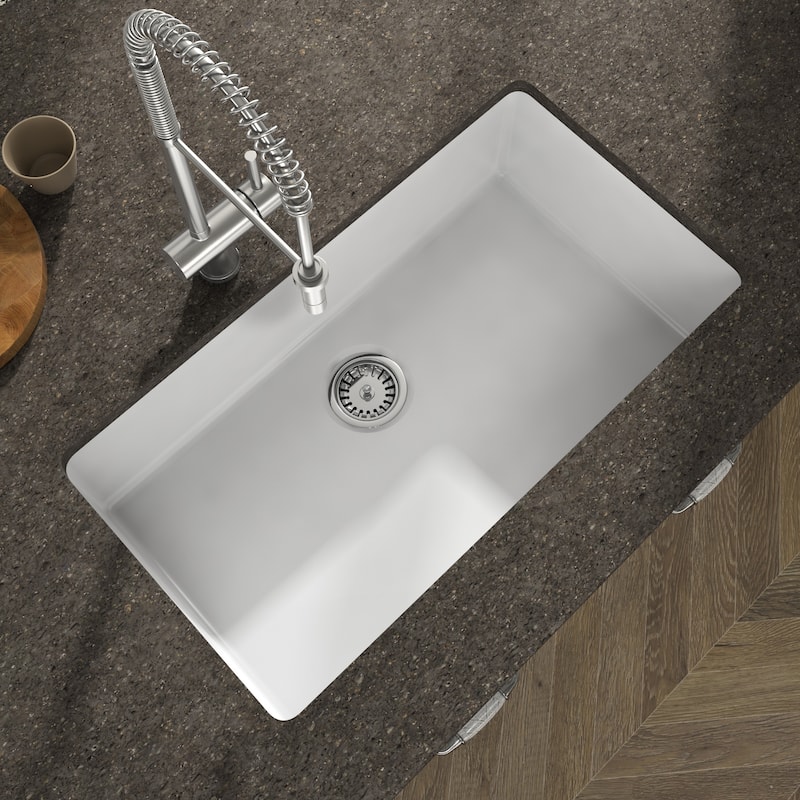 Yorkshire Undermount Fireclay 31.5" x 18.3" Single Bowl Kitchen Sink with Grid and Strainer in White