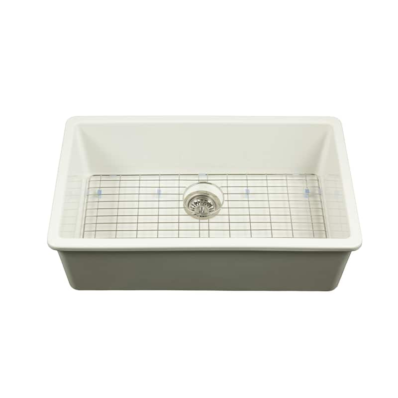 Yorkshire Undermount Fireclay 31.5" x 18.3" Single Bowl Kitchen Sink with Grid and Strainer in White