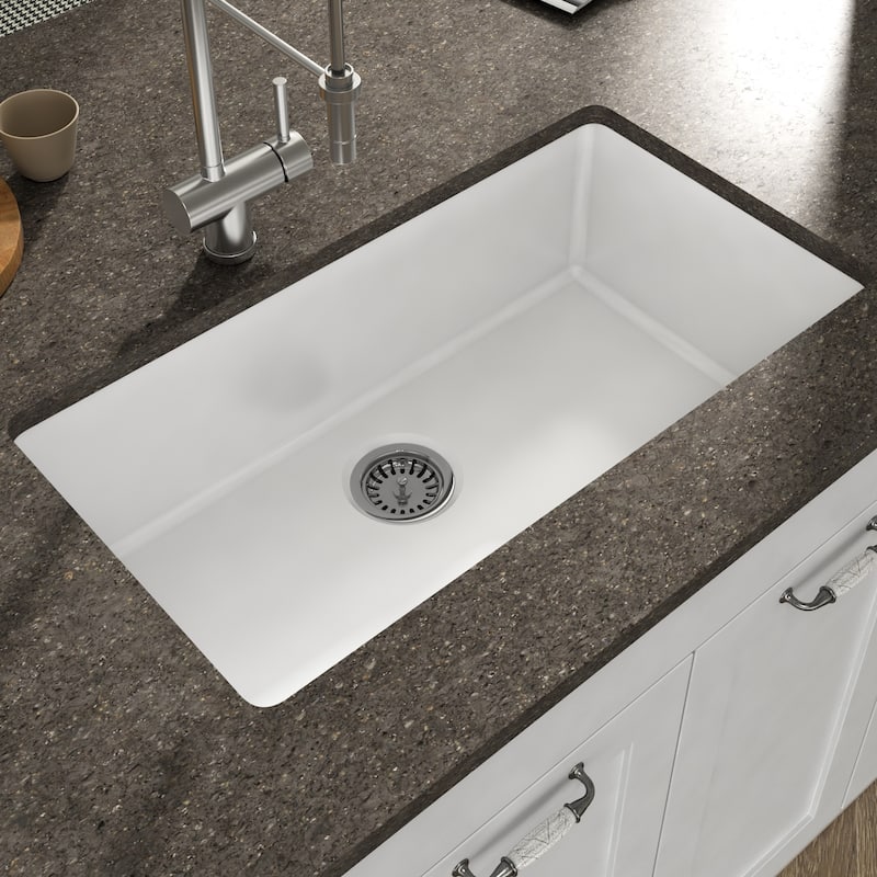 Yorkshire Undermount Fireclay 31.5" x 18.3" Single Bowl Kitchen Sink with Grid and Strainer in White