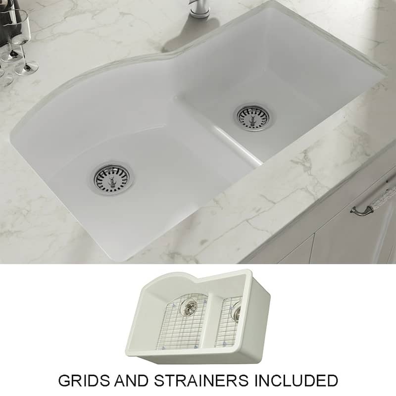 Yorkshire Undermount Fireclay 33" x 21" Double Bowl Kitchen Sink with Grid and Strainer in White