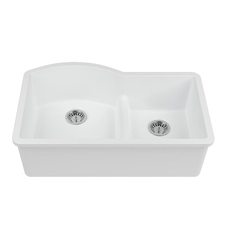 Yorkshire Undermount Fireclay 33" x 21" Double Bowl Kitchen Sink with Grid and Strainer in White