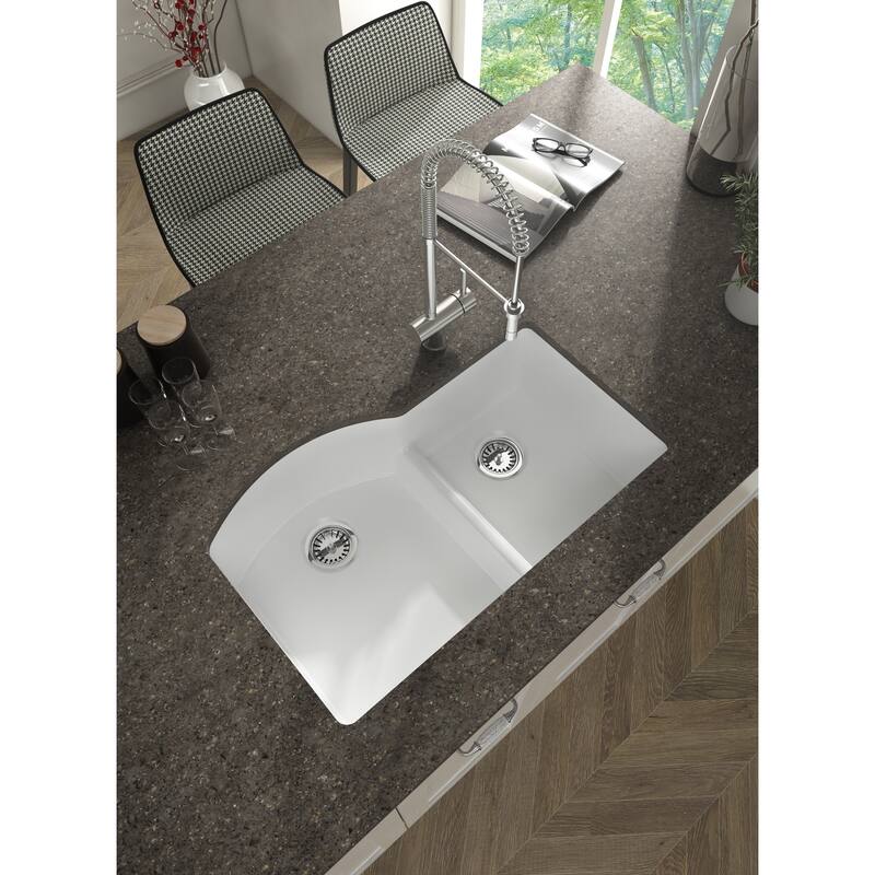 Yorkshire Undermount Fireclay 33" x 21" Double Bowl Kitchen Sink with Grid and Strainer in White