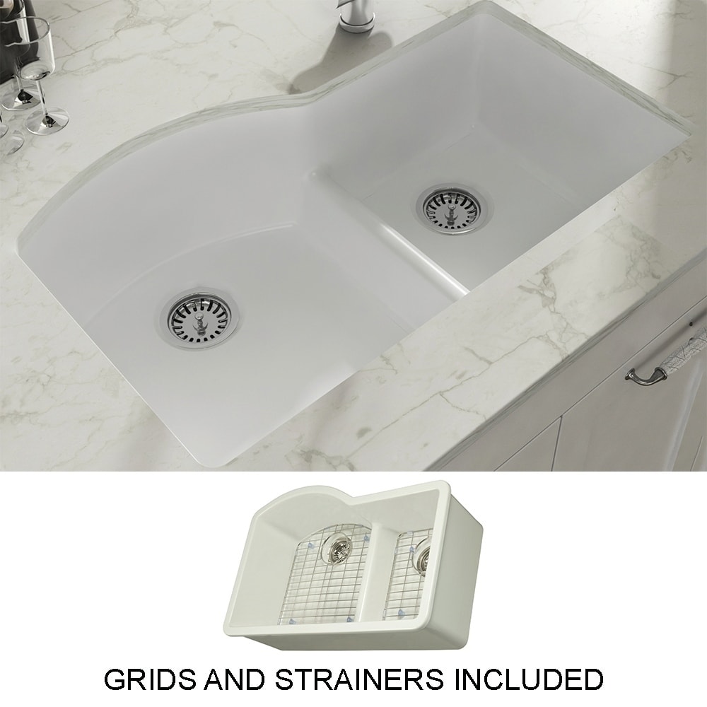 Shop Black Friday Deals On Yorkshire Undermount Fireclay 33 X 21 Double Bowl Kitchen Sink With Grid And Strainer In White On Sale Overstock 29158742