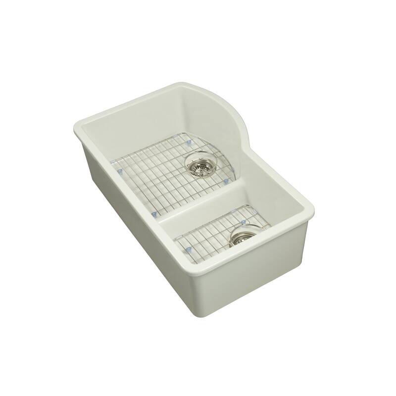 Yorkshire Undermount Fireclay 33" x 21" Double Bowl Kitchen Sink with Grid and Strainer in White