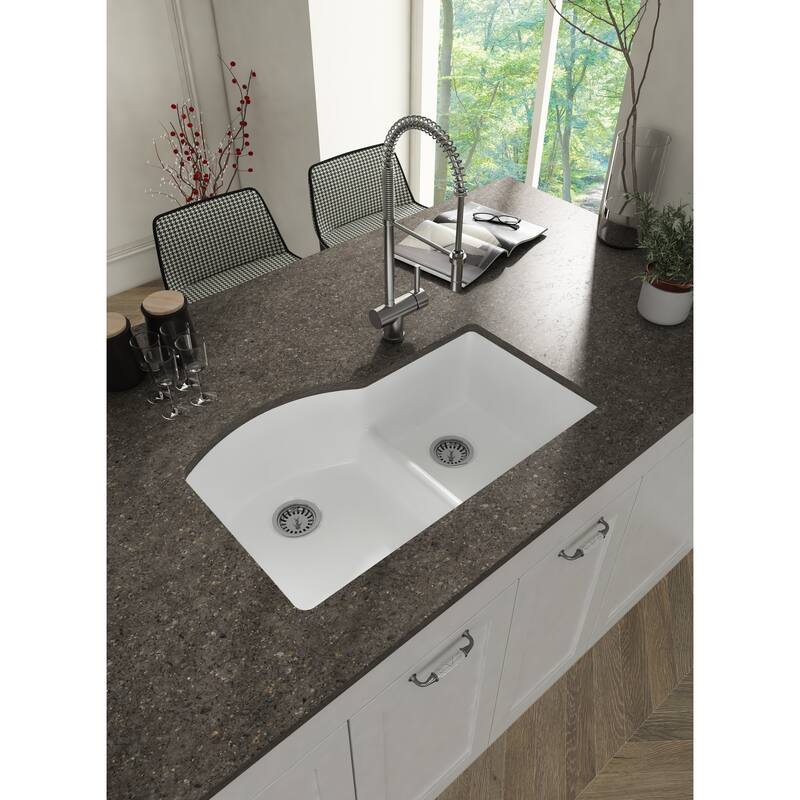 Yorkshire Undermount Fireclay 33" x 21" Double Bowl Kitchen Sink with Grid and Strainer in White