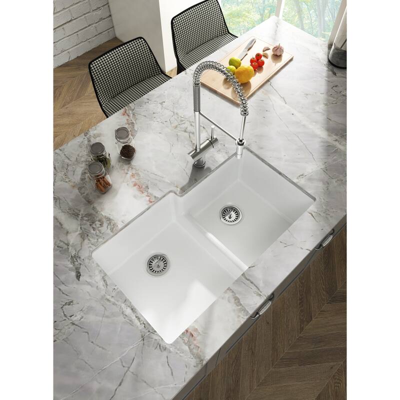 Yorkshire Undermount Fireclay 33" x 19.7" Double Bowl Kitchen Sink with Grid and Strainer in White