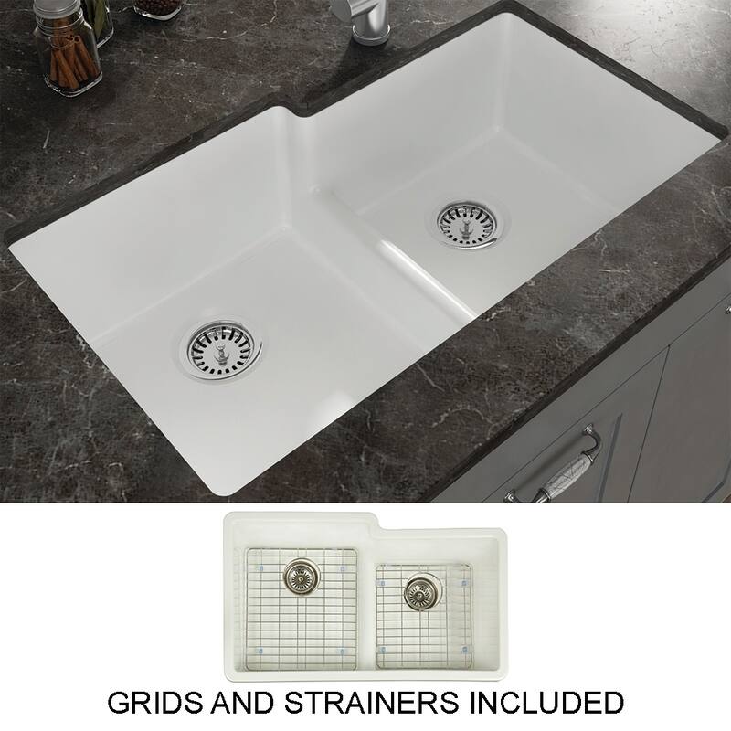 Yorkshire Undermount Fireclay 33" x 19.7" Double Bowl Kitchen Sink with Grid and Strainer in White