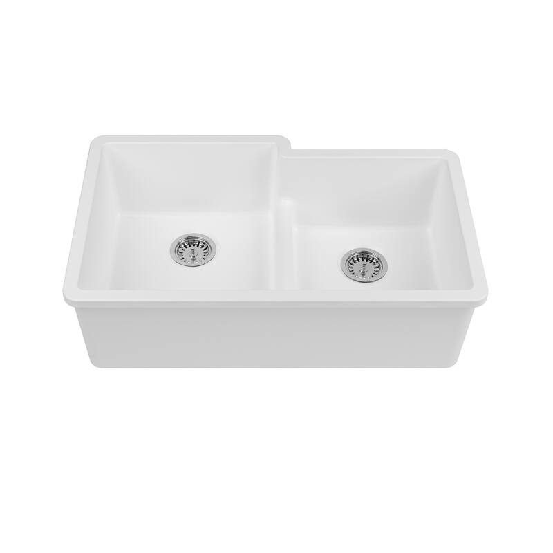 Yorkshire Undermount Fireclay 33" x 19.7" Double Bowl Kitchen Sink with Grid and Strainer in White