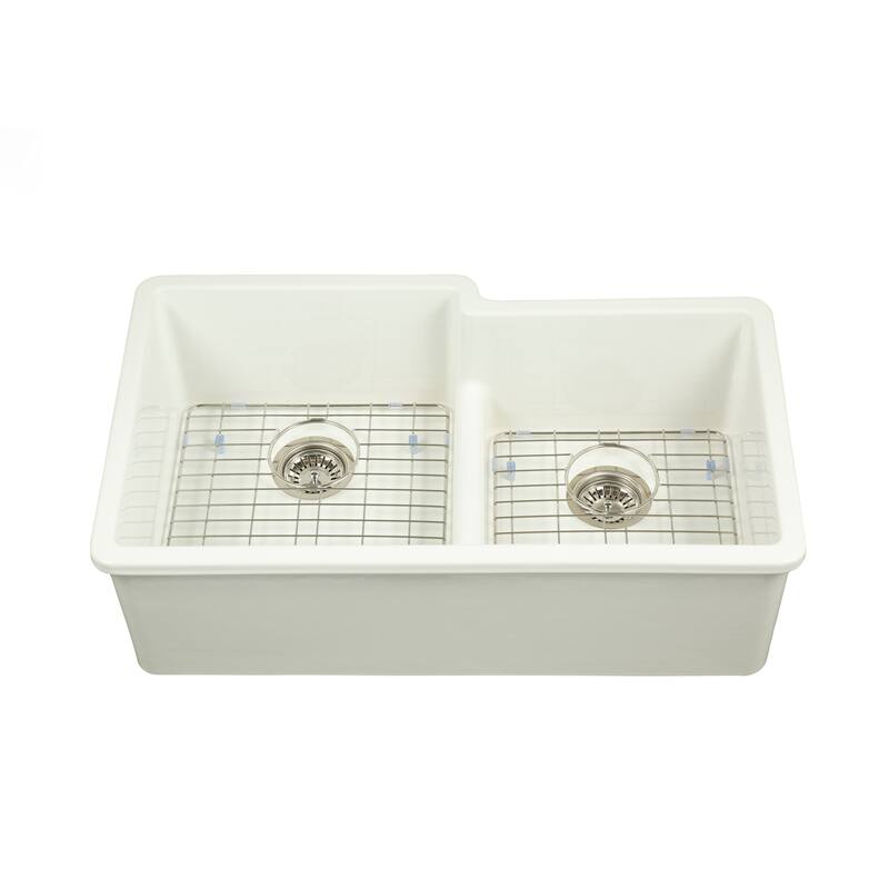 Yorkshire Undermount Fireclay 33" x 19.7" Double Bowl Kitchen Sink with Grid and Strainer in White