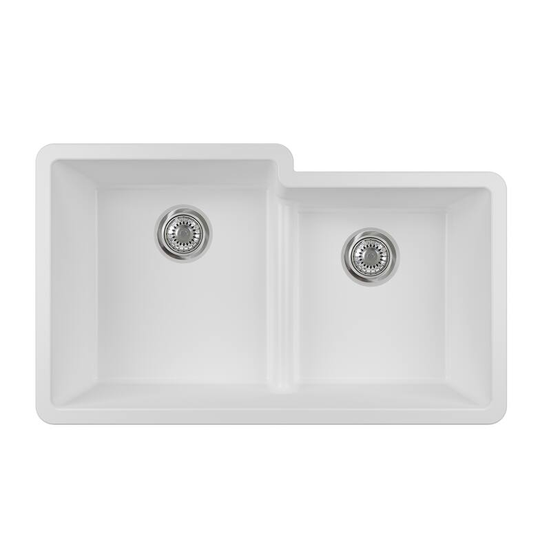 Yorkshire Undermount Fireclay 33" x 19.7" Double Bowl Kitchen Sink with Grid and Strainer in White
