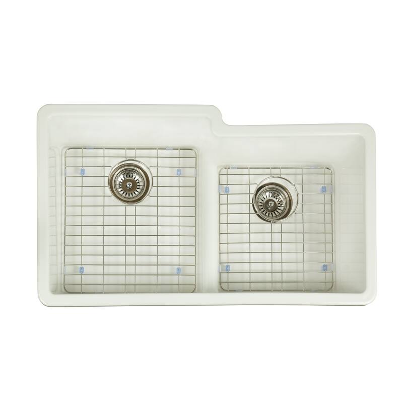 Yorkshire Undermount Fireclay 33" x 19.7" Double Bowl Kitchen Sink with Grid and Strainer in White