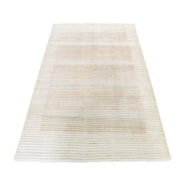 Shahbanu Rugs Striped Modern Gabbeh Hand Knotted Raised Pile Pure Wool Oriental Rug (4'0" x 6'0") - 4'0" x 6'0"