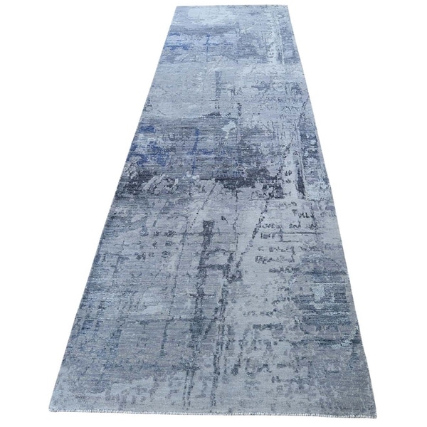 Shahbanu Rugs Abstract Design Hi-Low Pile Wool And Silk Hand-Knotted Runner Oriental Rug (2'8" x 11'6") - 2'8" x 11'6"