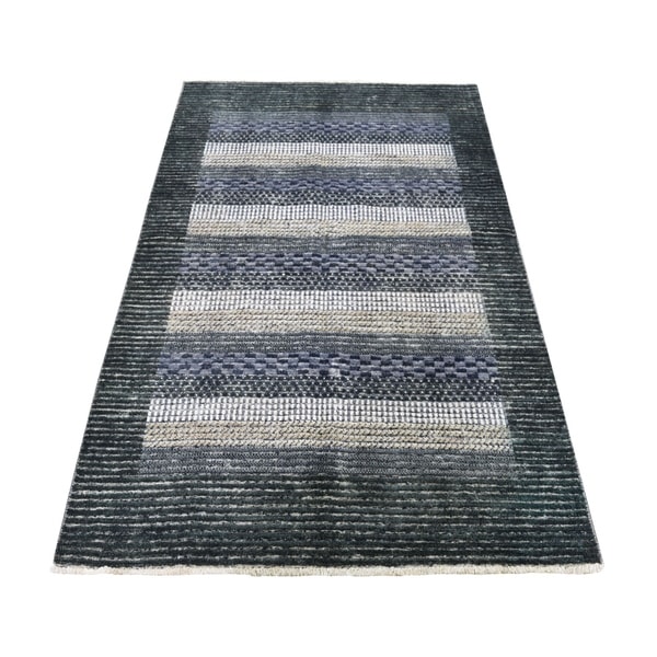 Shahbanu Rugs Pure Wool Striped Peshawar Gabbeh Hand Knotted Oriental Rug (4'0" x 5'10") - 4'0" x 5'10"