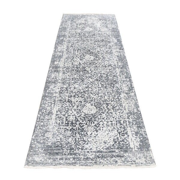 Shahbanu Rugs Gray Broken Persian Design Tone on Tone Runner Wool and Silk Rug (2'5" x 9'7") - 2'5" x 9'7"
