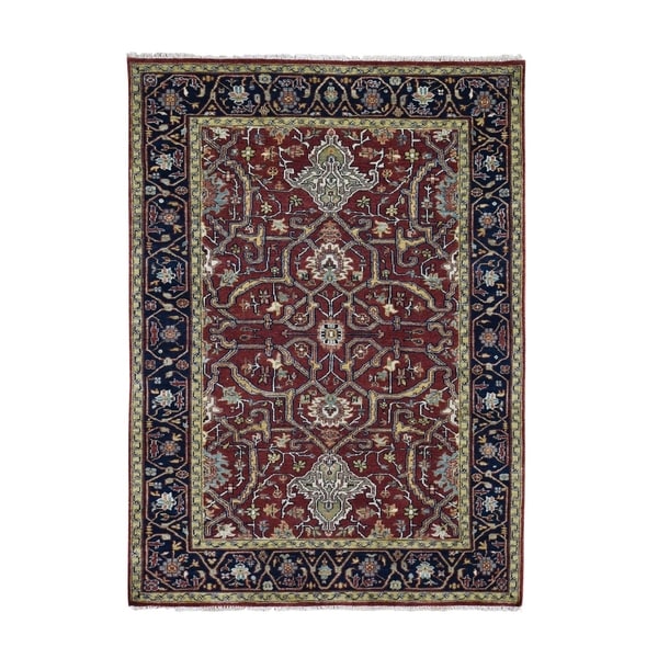 Shahbanu Rugs Red Heriz Revival Pure Wool Hand Knotted Oriental Rug (4'10" x 7'5") - 4'10" x 7'5"