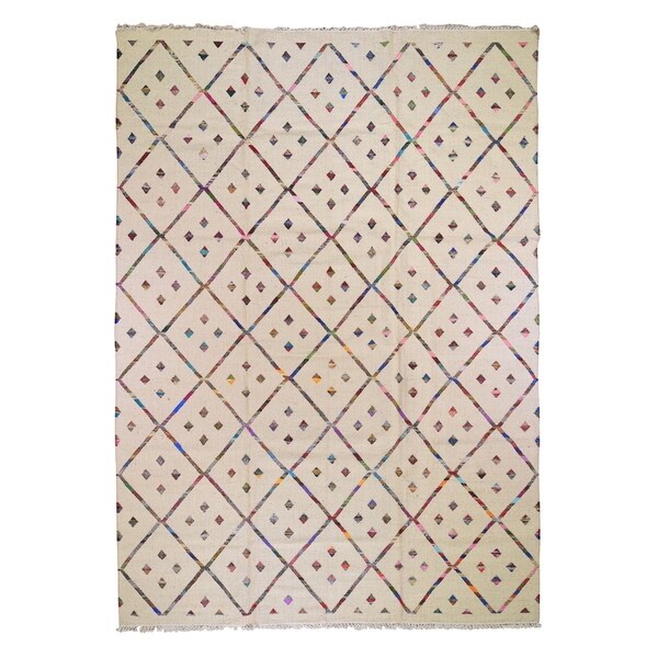 Shahbanu Rugs Cotton and Sari Silk Durie Kilim Hand Woven Oriental Rug (10'1" x 14'3") - 10'1" x 14'3"