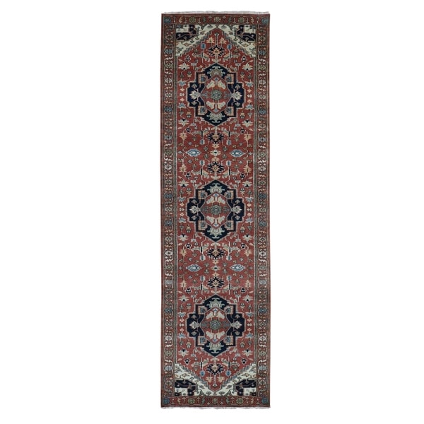 Shahbanu Rugs Red Heriz Revival Pure Wool Hand Knotted Runner Oriental Rug (2'5" x 11'9") - 2'5" x 11'9"