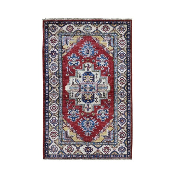 Shahbanu Rugs Red Super Kazak With Heriz Design Pure Wool Hand Knotted Oriental Rug (3'4" x 5'2") - 3'4" x 5'2"