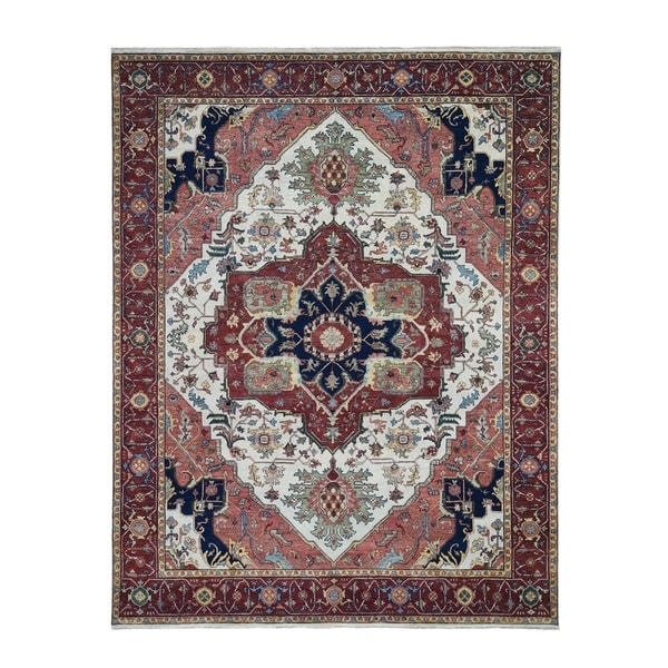 Shahbanu Rugs Red Antiqued Heriz Re-Creation Pure Wool Hand Knotted Oriental Rug (8'2" x 10'2") - 8'2" x 10'2"