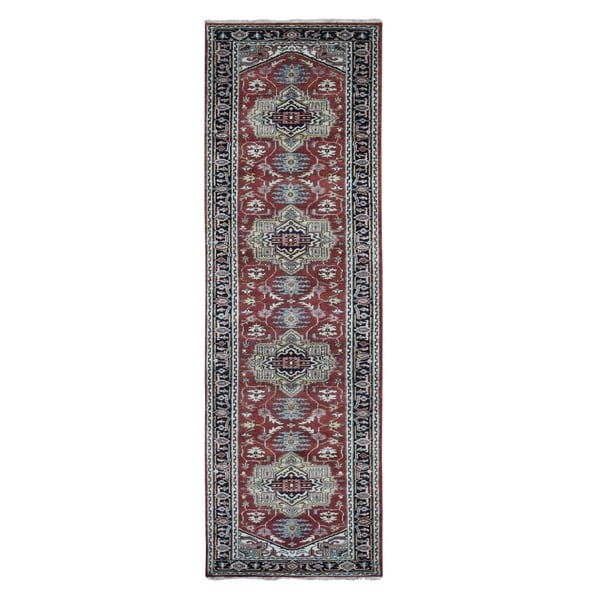 Shahbanu Rugs Red Heriz Revival Pure Wool Hand Knotted Runner Oriental Rug (2'6" x 11'10") - 2'6" x 11'10"