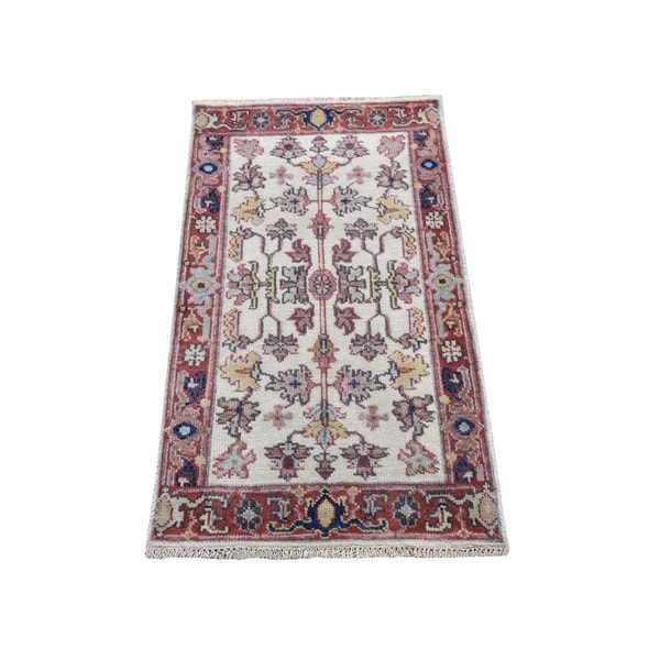 Shahbanu Rugs Ivory Heriz Revival All Over Design Pure Wool Hand Knotted Oriental Rug (1'10" x 3'0") - 1'10" x 3'0"