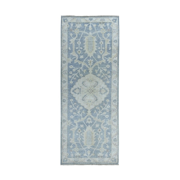 Shahbanu Rugs White Wash Peshawar Pure Wool Hand-Knotted Runner Oriental Rug (2'7" x 6'8") - 2'7" x 6'8"