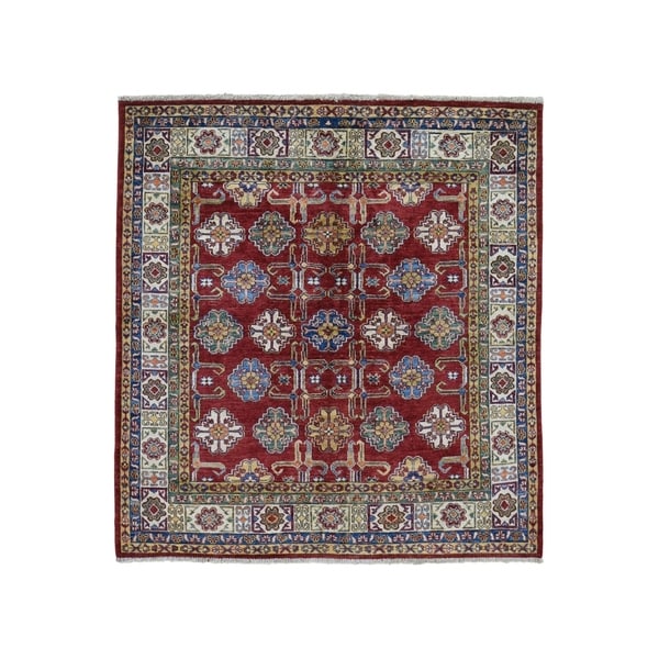 Shahbanu Rugs Square Red Super Kazak Geometric Design Pure Wool Hand Knotted Oriental Rug (5'0" x 5'0") - 5'0" x 5'0"