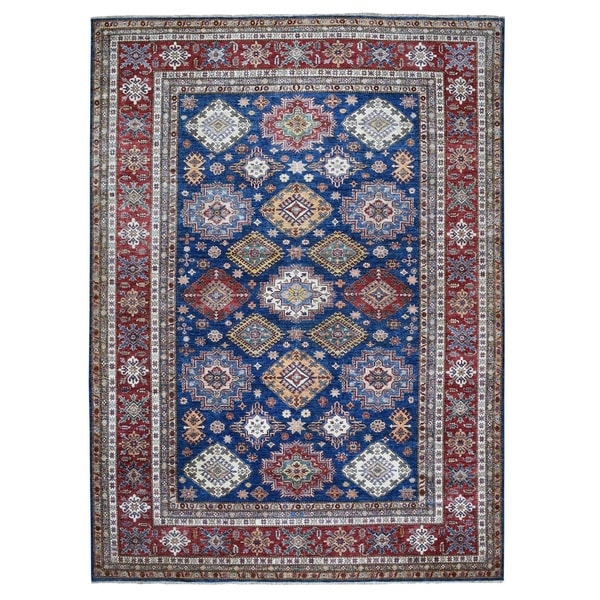 Shahbanu Rugs Blue Super Kazak Geometric Design Pure Wool Hand Knotted Oriental Rug (9'0" x 11'9") - 9'0" x 11'9"