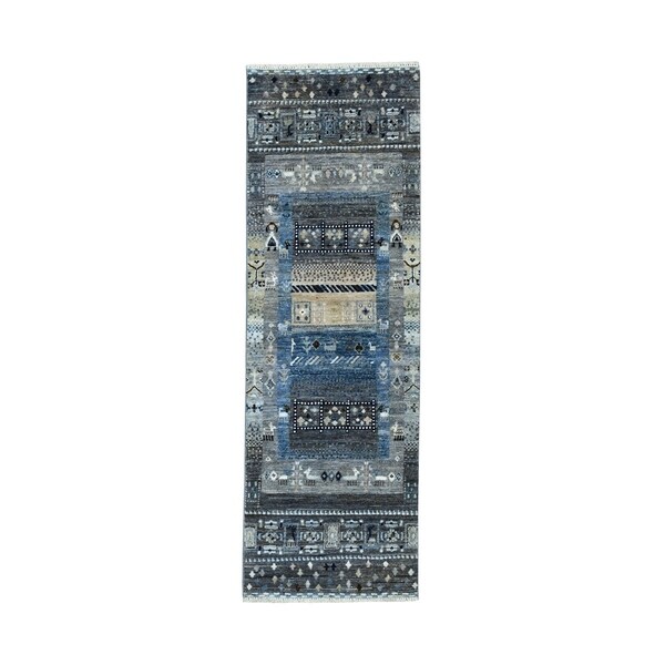 Shahbanu Rugs Gray Kashkuli Gabbeh Pictorial Hand knotted Runner Pure Wool Oriental Rug (2'0" x 5'10") - 2'0" x 5'10"