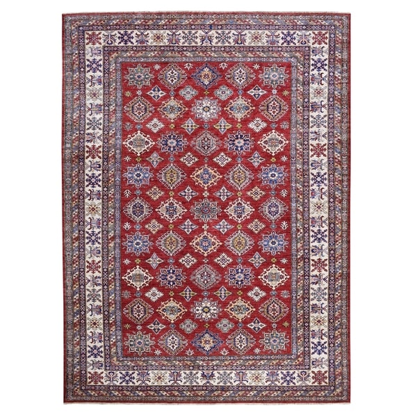 Shahbanu Rugs Red Super Kazak Pure Wool Geometric Design Hand Knotted Oriental Rug (9'3" x 12'7") - 9'3" x 12'7"