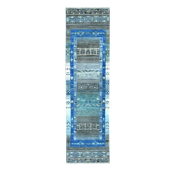 Shahbanu Rugs Denim Blue Kashkuli Gabbeh Pictorial Pure Wool Hand Knotted Runner Oriental Rug (2'7" x 9'7") - 2'7" x 9'7"