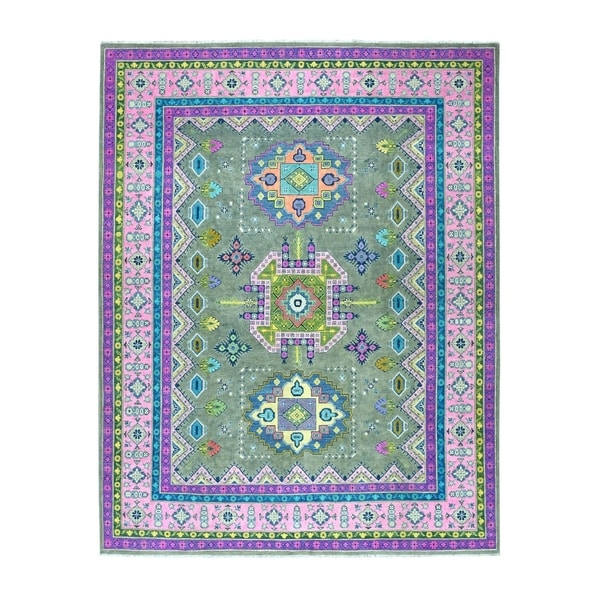 Shahbanu Rugs Colorful Green Fusion Kazak Pure Wool Hand-Knotted Oriental Rug (8'0" x 9'8") - 8'0" x 9'8"