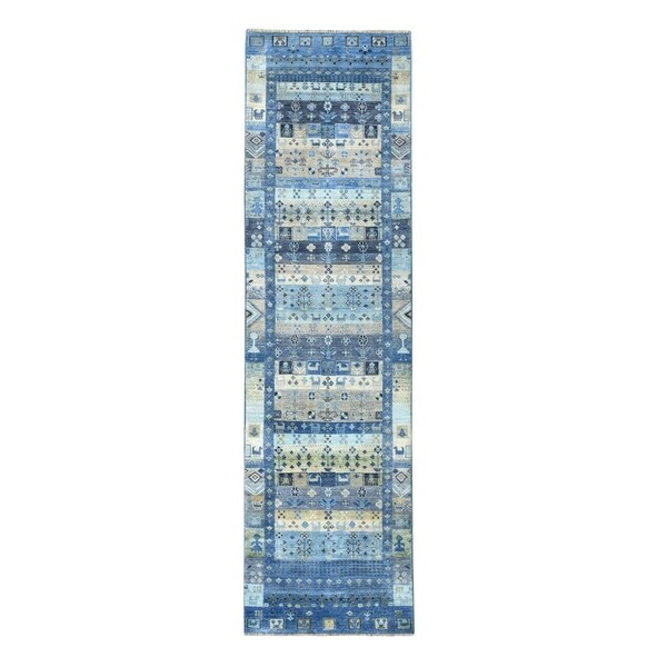 Shahbanu Rugs Denim Blue Kashkuli Gabbeh Pictorial Pure Wool Hand Knotted Runner Oriental Rug (2'8" x 9'8") - 2'8" x 9'8"