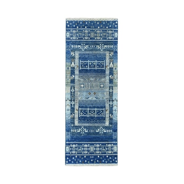 Shahbanu Rugs Denim Blue Kashkuli Gabbeh Pictorial Pure Wool Hand Knotted Runner Oriental Rug (2'0" x 5'10") - 2'0" x 5'10"