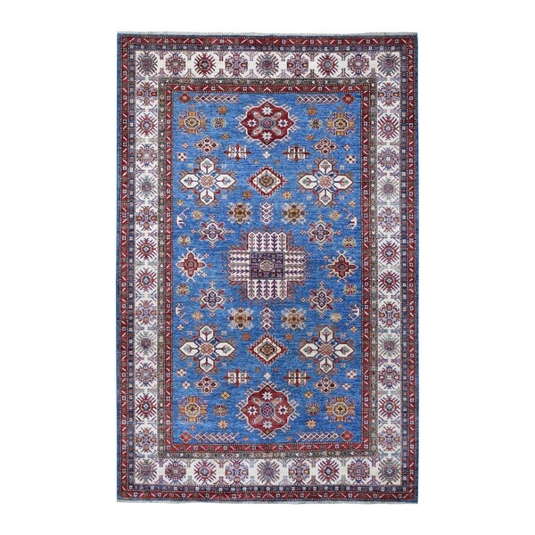 Shahbanu Rugs Blue Super Kazak Geometric Design Pure Wool Hand Knotted Oriental Rug (6'1" x 9'2") - 6'1" x 9'2"