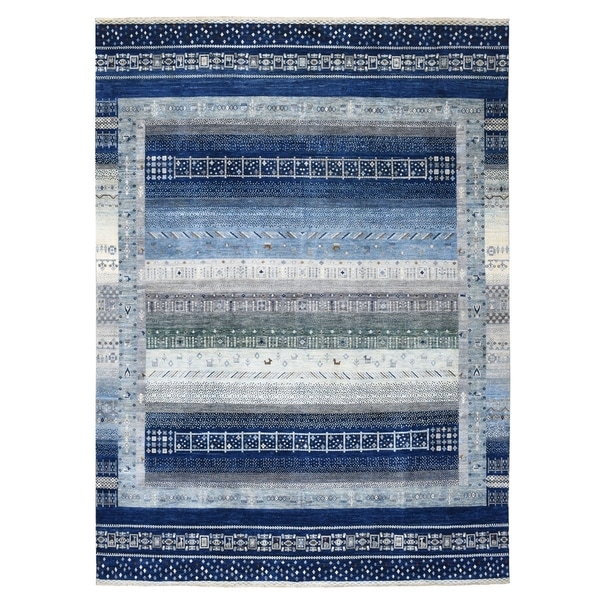 Shahbanu Rugs Blue Kashkuli Gabbeh Natural Dyes Pure wool Hand Knotted Oriental Rug (9'0" x 11'9") - 9'0" x 11'9"