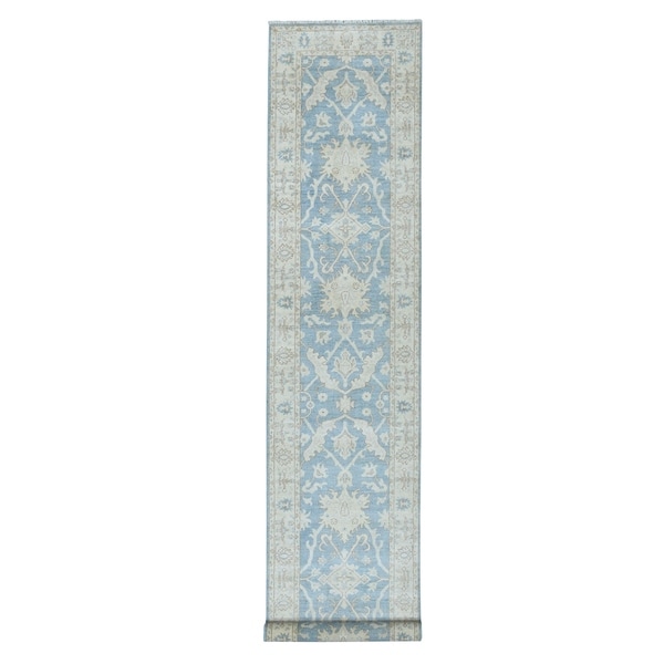 Shahbanu Rugs White Wash Blue Peshawar Pure Wool Hand Knotted Oriental Runner Rug (2'7" x 12'7") - 2'7" x 12'7"