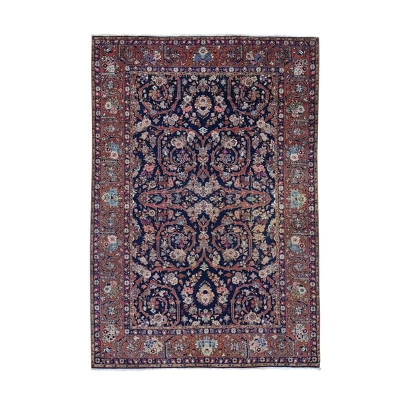 Shahbanu Rugs Navy Blue Antique Persian Tabriz Pure Wool Some Wear Hand Knotted Oriental Rug (4'7" x 6'10") - 4'7" x 6'10"