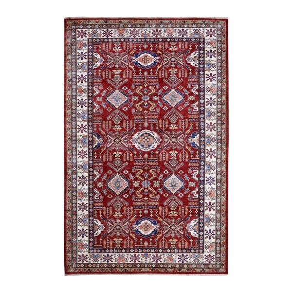 Shahbanu Rugs Red Super Kazak Pure Wool Geometric Design Hand Knotted Oriental Rug (6'0" x 9'2") - 6'0" x 9'2"