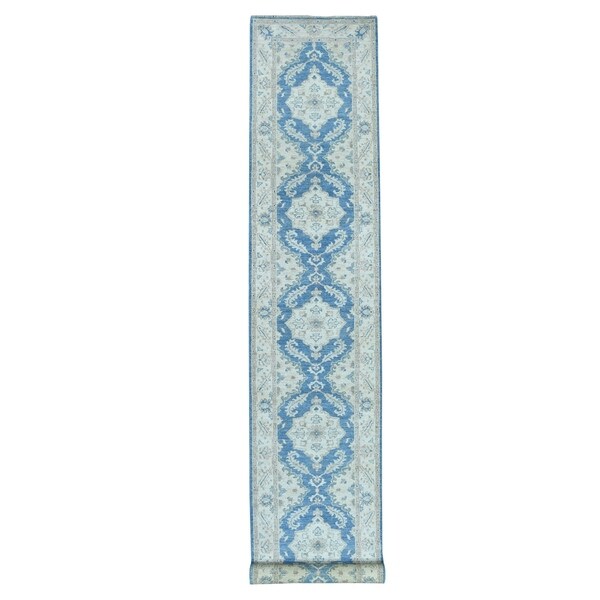 Shahbanu Rugs White Wash Blue Peshawar Pure Wool Hand Knotted Oriental XL Runner Rug (2'7" x 16'0") - 2'7" x 16'0"