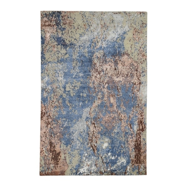 Shahbanu Rugs Hand-Knotted Abstract Design Wool And Silk Hi And Low Pile Oriental Rug (6'0" x 9'0") - 6'0" x 9'0"