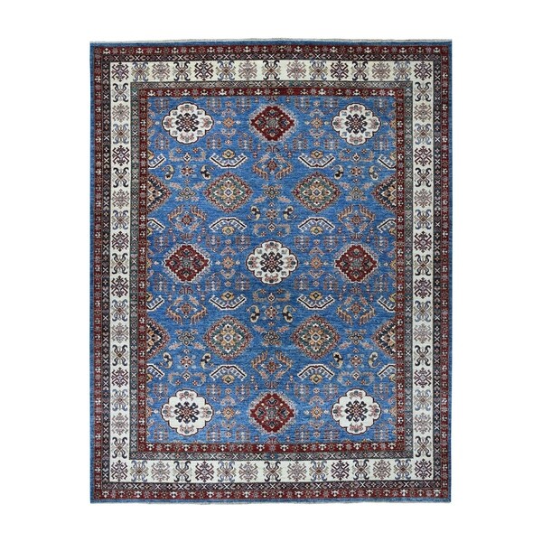 Shahbanu Rugs Blue Super Kazak Geometric Design Pure Wool Hand Knotted Oriental Rug (8'2" x 10'3") - 8'2" x 10'3"