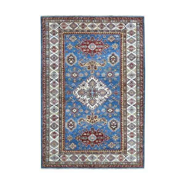 Shahbanu Rugs Blue Super Kazak Geometric Design Pure Wool Hand Knotted Oriental Rug (5'7" x 8'5") - 5'7" x 8'5"
